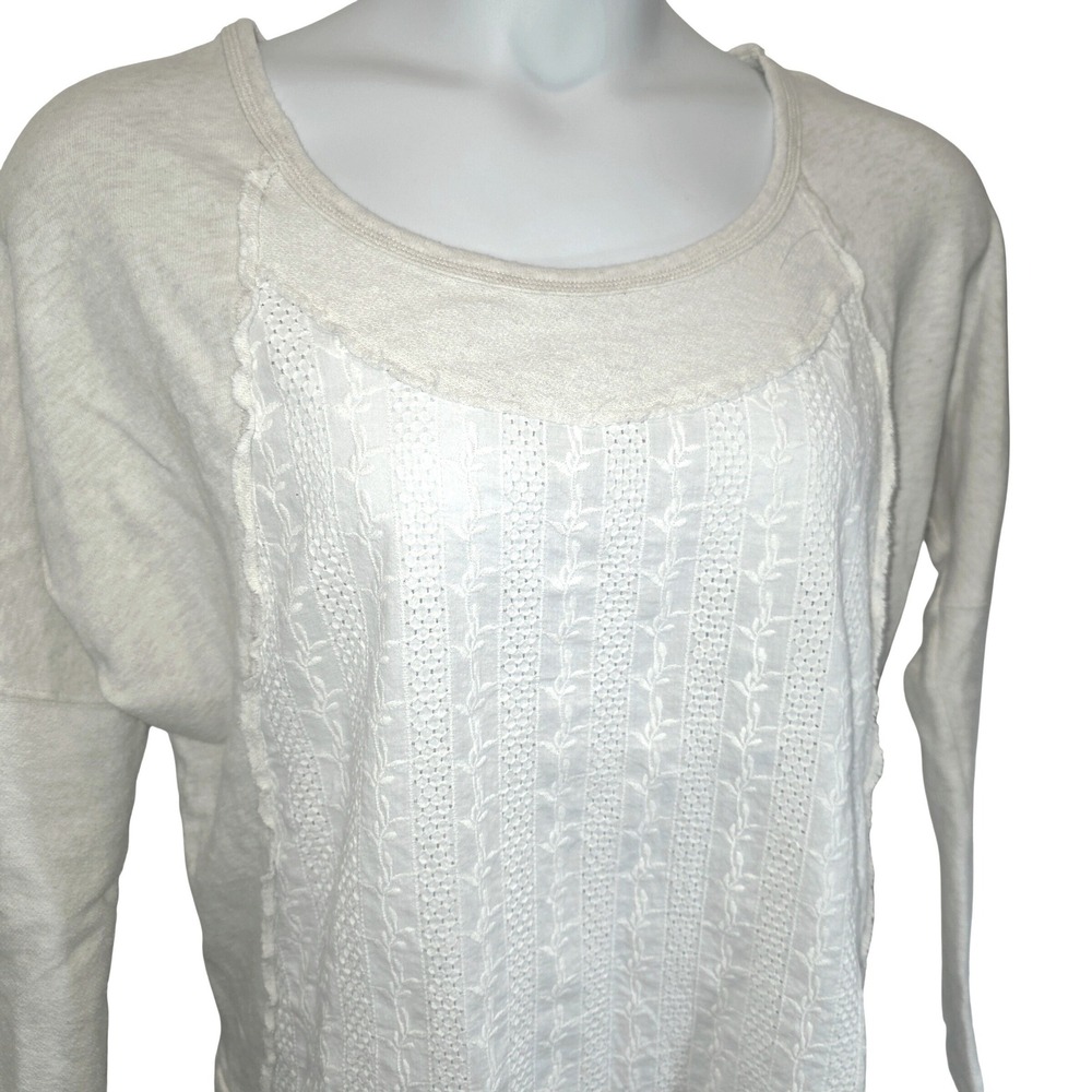 Free People Mix Media Tunic Pullover Sweatshirt Top Sz Medium Cream Oversized - Picture 2 of 15
